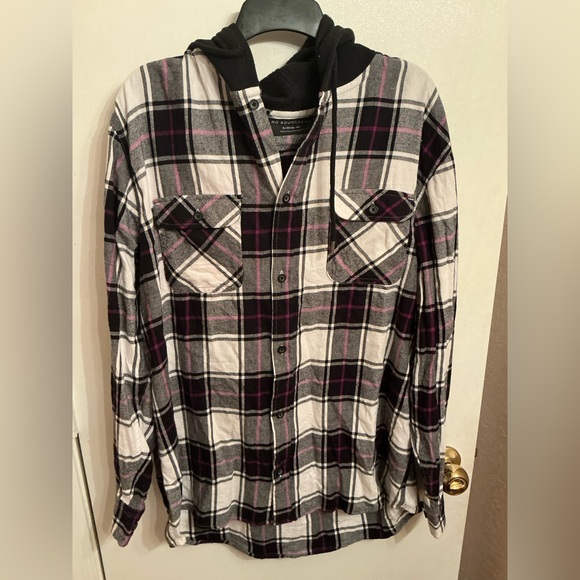 No Boundaries Shirt Mens XL 46-48 Plaid Cotton Flannel Hoodie Button Up Pockets - Picture 1 of 3